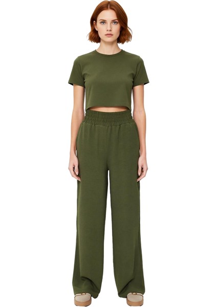 Kadın Haki Wide Leg Lastikli Bel Dokuma Pantolon Fonksiyonel Dayanıklı Kaliteli Konforlu Şık fırsatları