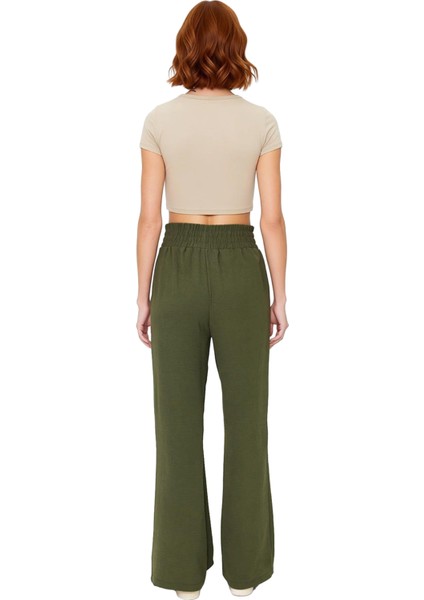 Kadın Haki Wide Leg Lastikli Bel Dokuma Pantolon Fonksiyonel Dayanıklı Kaliteli Konforlu Şık indirimleri