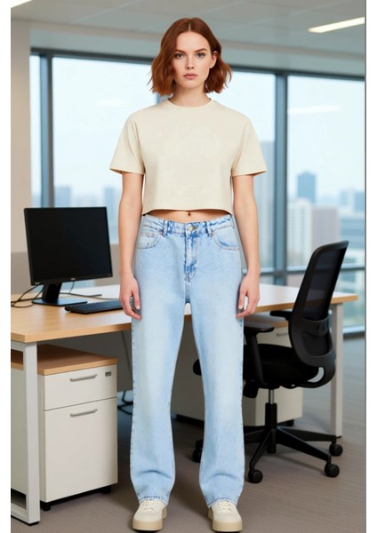 Kadın Açık Yüksek Bel Straight Fit Denim Pantolon Fonksiyonel Dayanıklı Kaliteli Konforlu Şık modelleri