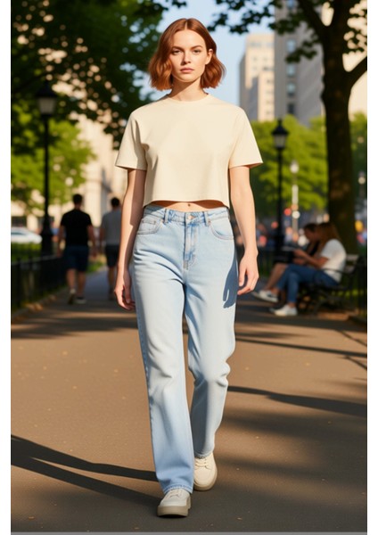 Kadın Açık Yüksek Bel Straight Fit Denim Pantolon Fonksiyonel Dayanıklı Kaliteli Konforlu Şık fırsatları