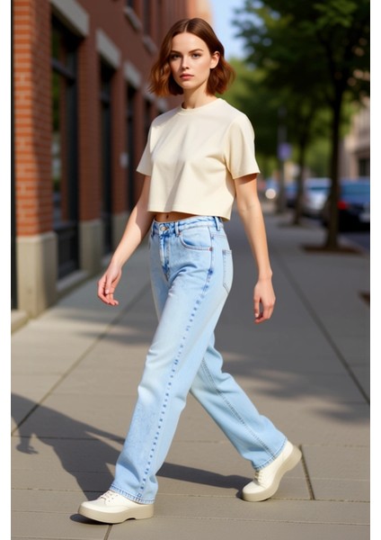 Kadın Açık Yüksek Bel Straight Fit Denim Pantolon Fonksiyonel Dayanıklı Kaliteli Konforlu Şık indirimleri