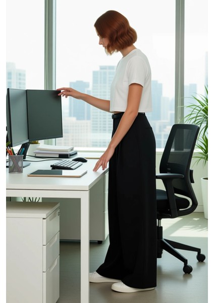 Kadın Yüksek Bel Kemerli Geniş Paça Pantolon Fonksiyonel Dayanıklı Kaliteli Konforlu Rahat