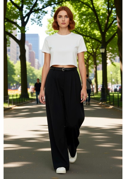 Kadın Yüksek Bel Kemerli Geniş Paça Pantolon Fonksiyonel Dayanıklı Kaliteli Konforlu Rahat fiyatları