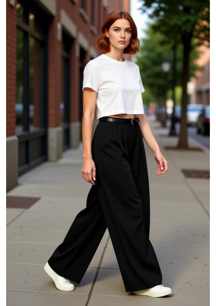 Kadın Yüksek Bel Kemerli Geniş Paça Pantolon Fonksiyonel Dayanıklı Kaliteli Konforlu Rahat modelleri