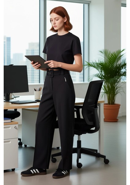 Kadın Kemerli Fermuar Cep Detaylı Wide Leg Pantolon Fonksiyonel Dayanıklı Kaliteli Estetik