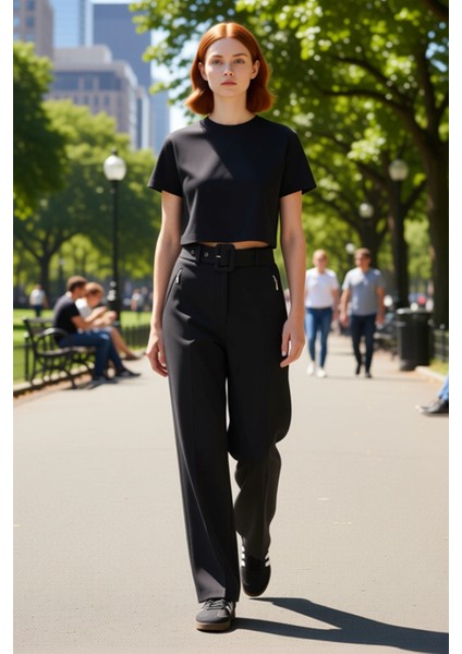 Kadın Kemerli Fermuar Cep Detaylı Wide Leg Pantolon Fonksiyonel Dayanıklı Kaliteli Estetik fiyatları