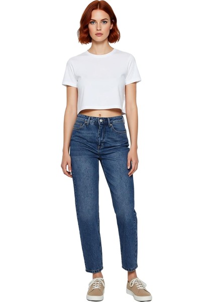 Kadın Açık Yüksek Bel Mom Kesim Denim Pantolon Fonksiyonel Dayanıklı Kaliteli Konforlu Şık