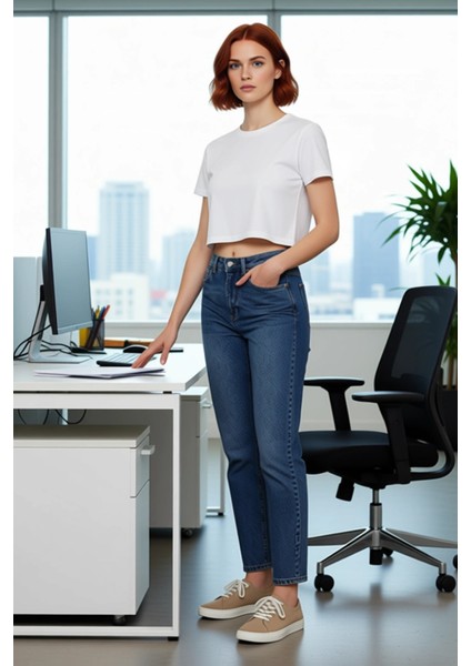 Kadın Açık Yüksek Bel Mom Kesim Denim Pantolon Fonksiyonel Dayanıklı Kaliteli Konforlu Şık fiyatları