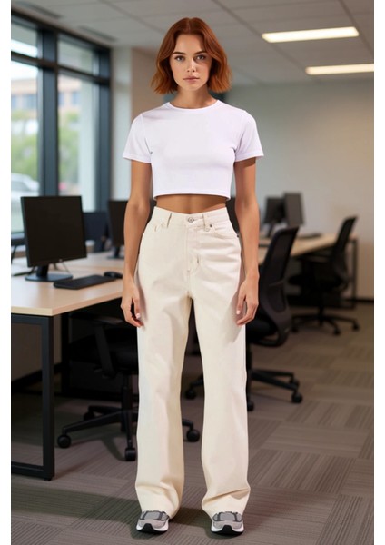 Yüksek Bel Geniş Paça Kadın Jean Pantolon Fonksiyonel Dayanıklı Kaliteli Konforlu Estetik Şık