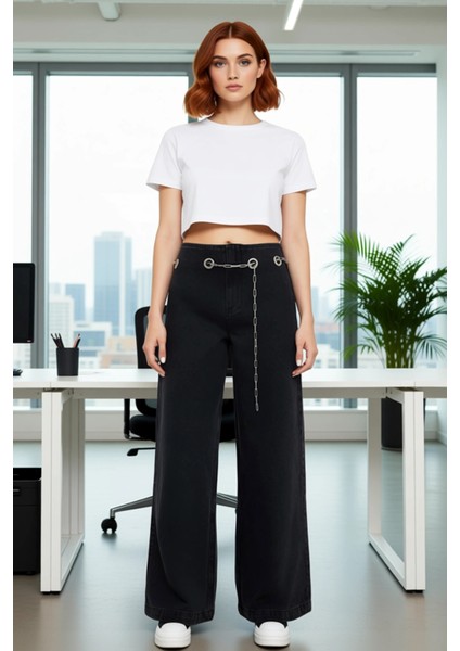 Genç Kadın Geniş Paça Jean Zincir Aksesuarlı Yüksek Bel Fonksiyonel Dayanıklı Kaliteli Şık