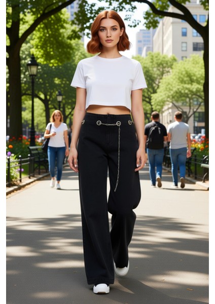 Genç Kadın Geniş Paça Jean Zincir Aksesuarlı Yüksek Bel Fonksiyonel Dayanıklı Kaliteli Şık fiyatları
