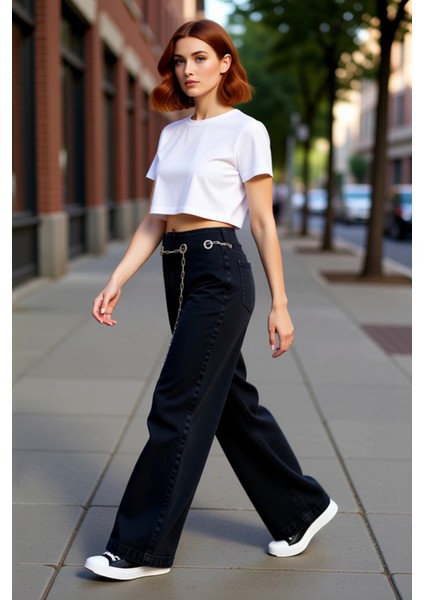 Genç Kadın Geniş Paça Jean Zincir Aksesuarlı Yüksek Bel Fonksiyonel Dayanıklı Kaliteli Şık modelleri