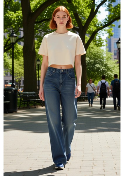 Kadın Yüksek Bel Bol Kesim Denim Pantolon Fonksiyonel Dayanıklı Kaliteli Konforlu Estetik Şık fırsatları