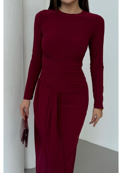 Kadın Drapeli Uzun Kollu Ön Parça Detaylı Büzgülü Elbise fiyatları