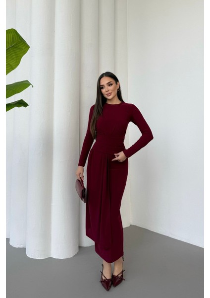 Kadın Drapeli Uzun Kollu Ön Parça Detaylı Büzgülü Elbise modelleri