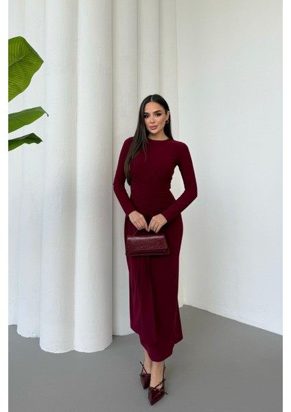 Kadın Drapeli Uzun Kollu Ön Parça Detaylı Büzgülü Elbise fırsatları