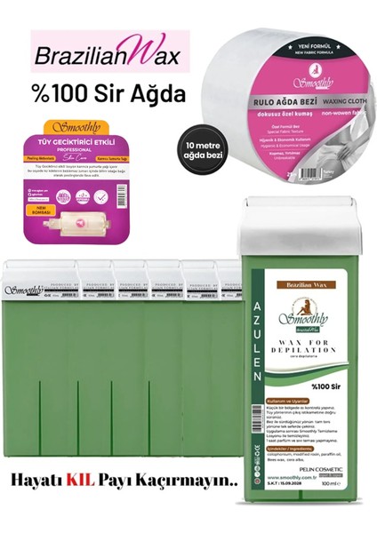 6 Adet Azulen Brazılıan Rool On Kartuş Ağda 10 mt Sir Ağda Bezi 1 Ad.tüy Azaltıcı Losyon