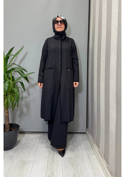 Dik Yaka Uzun Denim Kap Siyah T25PF-8000