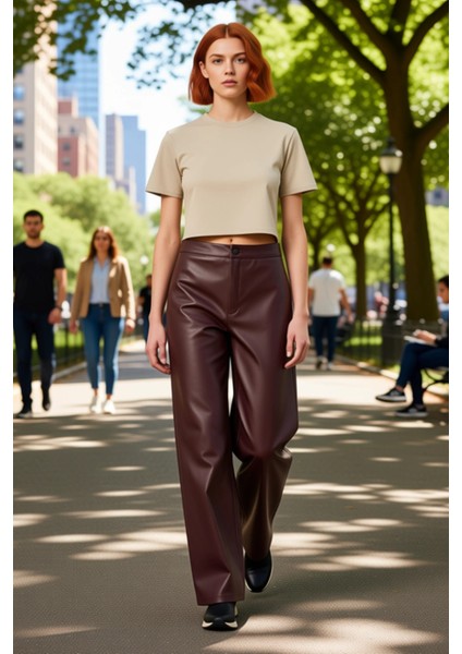 Wide Leg Örme Suni Deri Pantolon Kadın Günlük Şıklık Fonksiyonel Dayanıklı Kaliteli Modern fiyatları