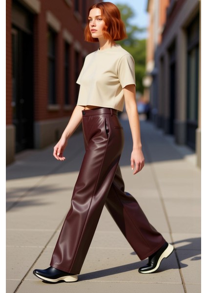 Wide Leg Örme Suni Deri Pantolon Kadın Günlük Şıklık Fonksiyonel Dayanıklı Kaliteli Modern modelleri