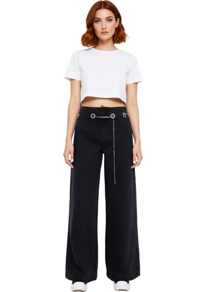 Genç Kadın Geniş Paça Jean Zincir Aksesuarlı Yüksek Bel Fonksiyonel Dayanıklı Kaliteli Şık fırsatları