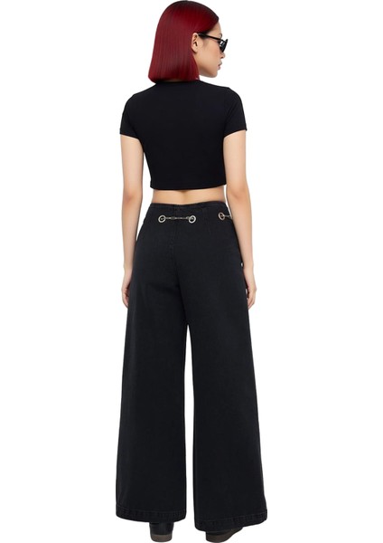 Genç Kadın Geniş Paça Jean Zincir Aksesuarlı Yüksek Bel Fonksiyonel Dayanıklı Kaliteli Şık indirimleri