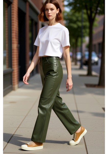 Kadın Haki Dikiş Detaylı Yüksek Bel Suni Deri Pantolon Fonksiyonel Dayanıklı Kaliteli Spor modelleri