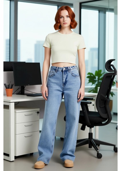 Kadın Geniş Paça Yüksek Bel Jean Pantolon Fonksiyonel Dayanıklı Kaliteli Konforlu Estetik Şık fiyatları