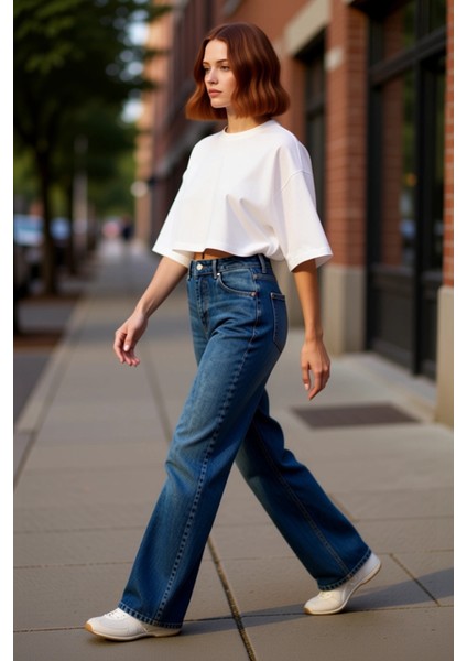 Kadın Açık Yüksek Bel Geniş Paça Denim Pantolon Fonksiyonel Dayanıklı Kaliteli Konforlu Şık