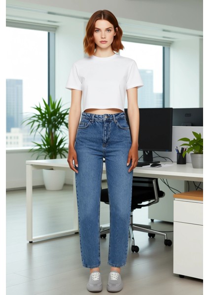 Kadın Açık Yüksek Bel Mom Kesim Denim Pantolon Fonksiyonel Dayanıklı Kaliteli Konforlu Şık fiyatları