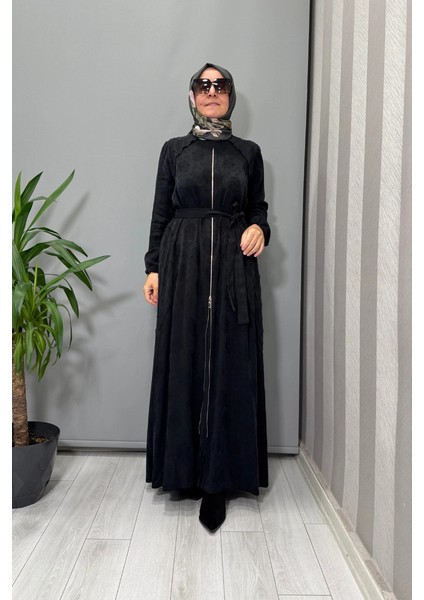 Fermuar Detaylı Jakarlı Cupra Ipek Elbise Siyah 38835