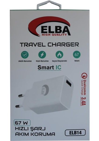 ELB14 ELB-67W USB 67W 3.4A Hızlı Şarj Akıllı Koruma -Isıya Dayanıklı Ev Şarj Kafa