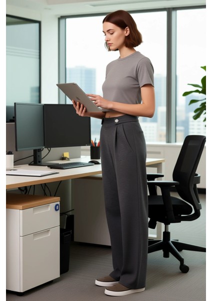 Kadın Antrasit Düğmeli Wide Leg Örme Pantolon Fonksiyonel Dayanıklı Kaliteli Konforlu Spor