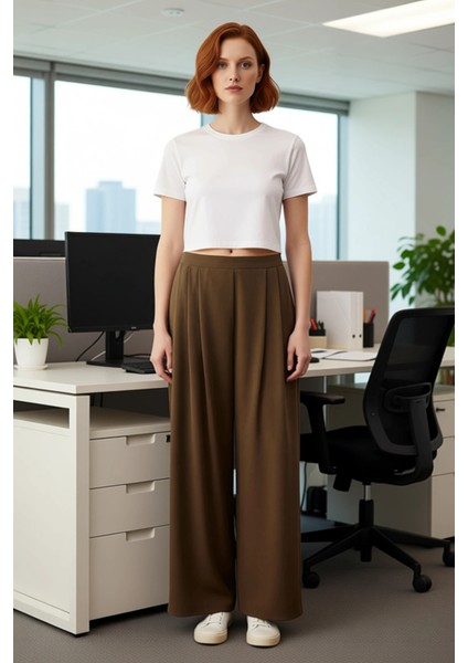 Kadın Düz Renk Geniş Paça Dökümlü Pantolon Fonksiyonel Dayanıklı Kaliteli Konforlu Estetik