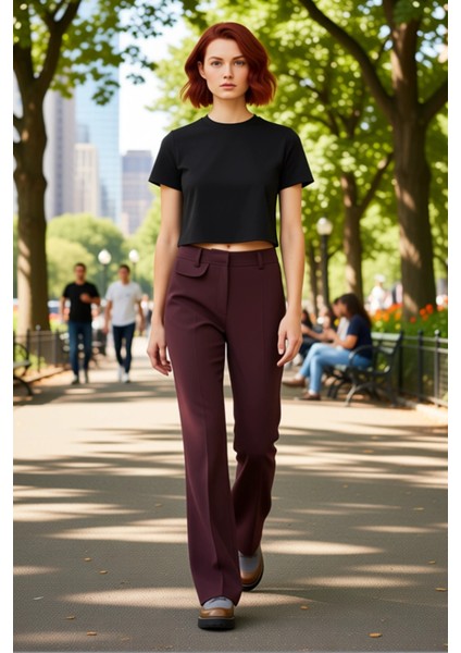 Kadın Mürdüm Dokuma Ispanyol Paça Pantolon Fonksiyonel Dayanıklı Kaliteli Konforlu Estetik fiyatları