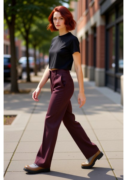 Kadın Mürdüm Dokuma Ispanyol Paça Pantolon Fonksiyonel Dayanıklı Kaliteli Konforlu Estetik modelleri