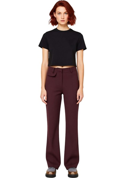 Kadın Mürdüm Dokuma Ispanyol Paça Pantolon Fonksiyonel Dayanıklı Kaliteli Konforlu Estetik fırsatları