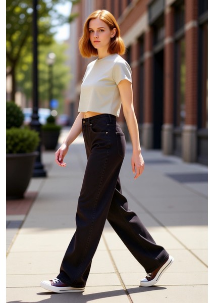 Kadın Yüksek Bel Geniş Paça Denim Pantolon Fonksiyonel Dayanıklı Kaliteli Konforlu Estetik