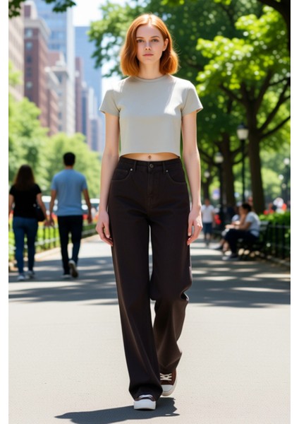 Kadın Yüksek Bel Geniş Paça Denim Pantolon Fonksiyonel Dayanıklı Kaliteli Konforlu Estetik modelleri