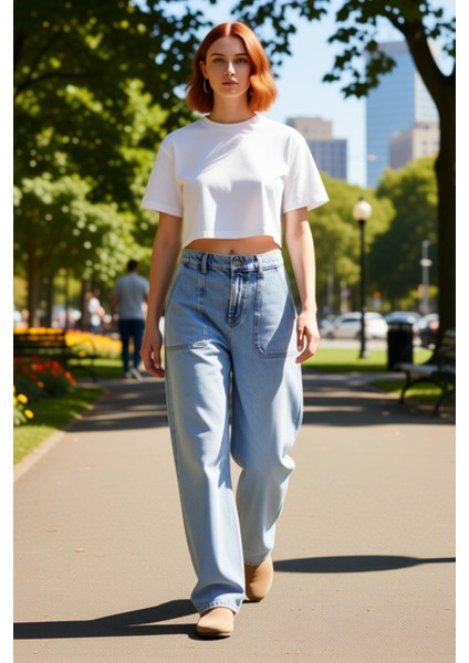 Kadın Açık Cep Detaylı Bol Kesim Denim Pantolon Fonksiyonel Dayanıklı Kaliteli Konforlu Şık fırsatları