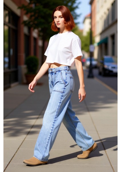 Kadın Açık Cep Detaylı Bol Kesim Denim Pantolon Fonksiyonel Dayanıklı Kaliteli Konforlu Şık indirimleri