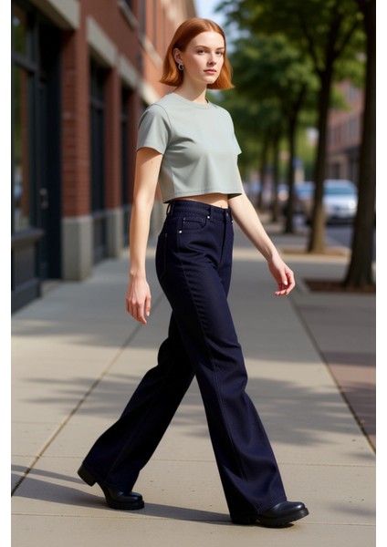 Koyu Jakar Dokulu Yüksek Bel Geniş Paça Kadın Pantolonu Fonksiyonel Dayanıklı Kaliteli Şık