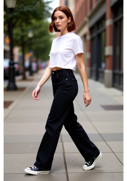 Kadın Açık Yüksek Bel Geniş Paça Denim Pantolon Fonksiyonel Dayanıklı Kaliteli Konforlu Şık