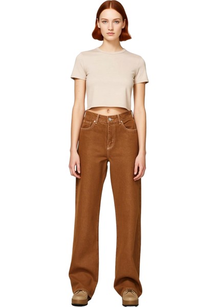 Kadın Geniş Paça Denim Pantolon Yüksek Bel Fonksiyonel Dayanıklı Kaliteli Konforlu Estetik fırsatları