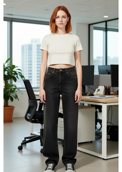 Kadın Wide Leg Jean Antrasit Vintage Yıkama Fonksiyonel Dayanıklı Kaliteli Konforlu Modern