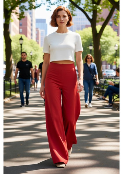 Kadin Kirmizi Geniş Paça Yüksek Bel Pantolon Fonksiyonel Dayanıklı Kaliteli Konforlu Rahat fiyatları