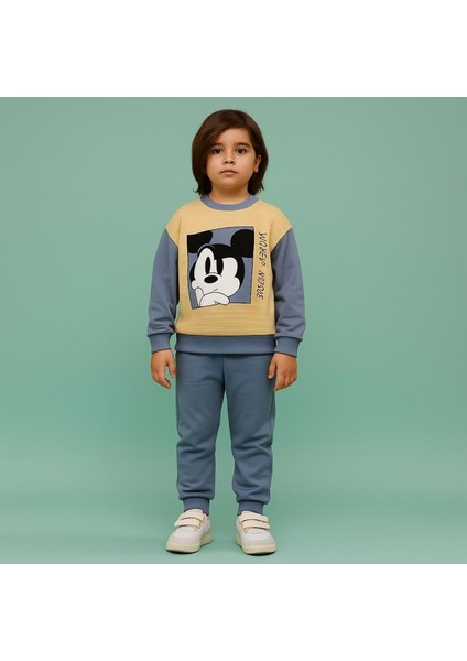 2-5 Yaş Mickey Mouse Baskılı Çizgili Bisiklet Yaka Çocuk Eşofman Takımı | Mevsimlik