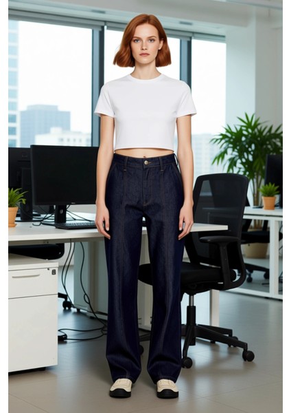 Kadın Düz Koyu Wide Leg Jean Yüksek Bel Dikiş Detaylı Fonksiyonel Dayanıklı Kaliteli Rahat modelleri