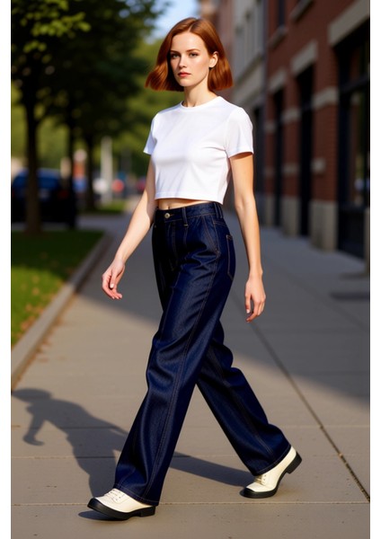 Kadın Düz Koyu Wide Leg Jean Yüksek Bel Dikiş Detaylı Fonksiyonel Dayanıklı Kaliteli Rahat indirimleri