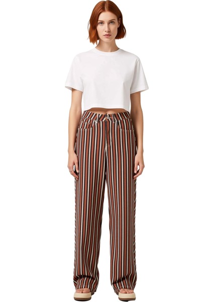 Kadın Çizgili Bol Paça Günlük Jean Pantolon Fonksiyonel Dayanıklı Kaliteli Konforlu Modern